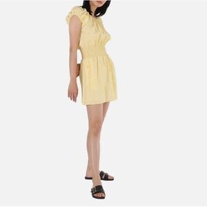 KENZO Gingham Snakeskin Print‎ Smocked Waist Pockets Yellow Mini Dress FR 40